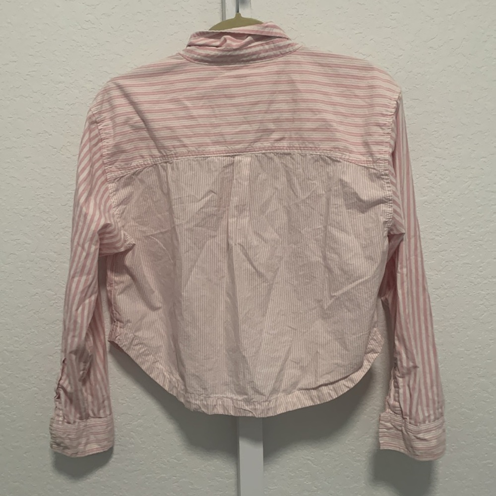 American Eagle Pink Patchwork Striped Cropped Long Sleeve Button Down Shirt - Picture 5 of 9
